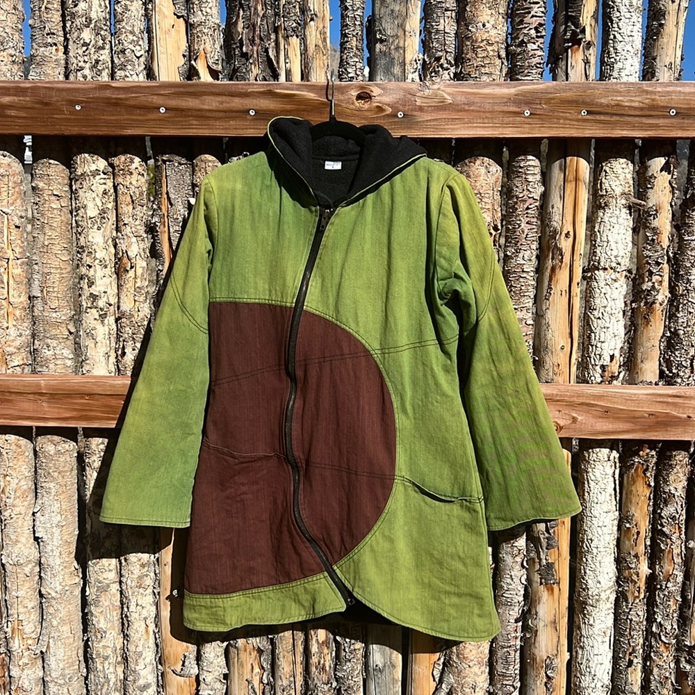 Unique, natural dyed spring jacket. Fun asymmetrical details!